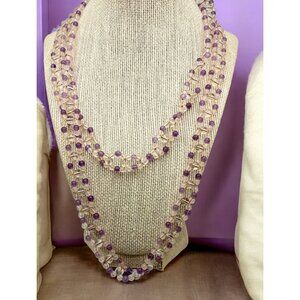Vintage Beaded Strand Necklace Handcrafted Purple with Gold Tone Accents 42 Inch
